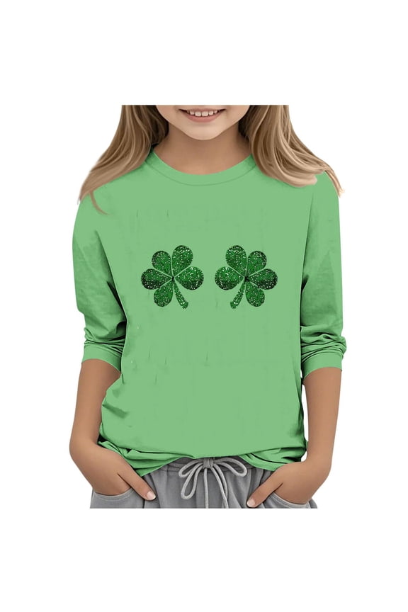 Unisex Kids St. Patrick's Day Graphic Shirt- Casual Crew Neck 3/4 Sleeve Spring Tops Festive Shirt for Boys Girls Green Size 5