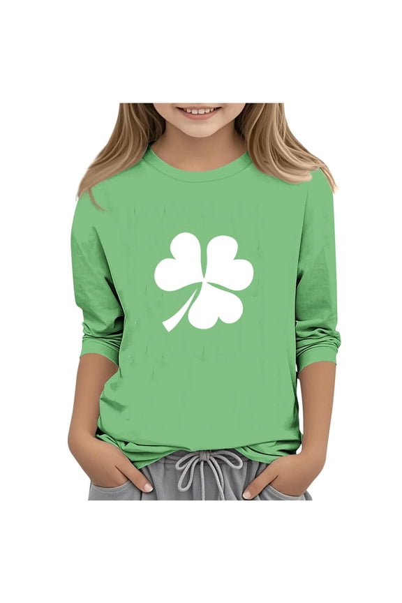 Unisex Kids St. Patrick's Day Graphic Shirt- Casual Spring Tops 3/4 Sleeve Crew Neck Festive Shirt for Boys Girls Green Size 7