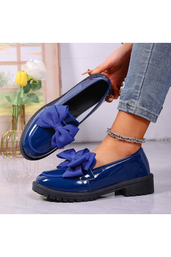 Women Bow Pumps Shoes- Mid Block Heels Patent Leather Round Closed Toe Slip On Penny Loafers Blue Size 6