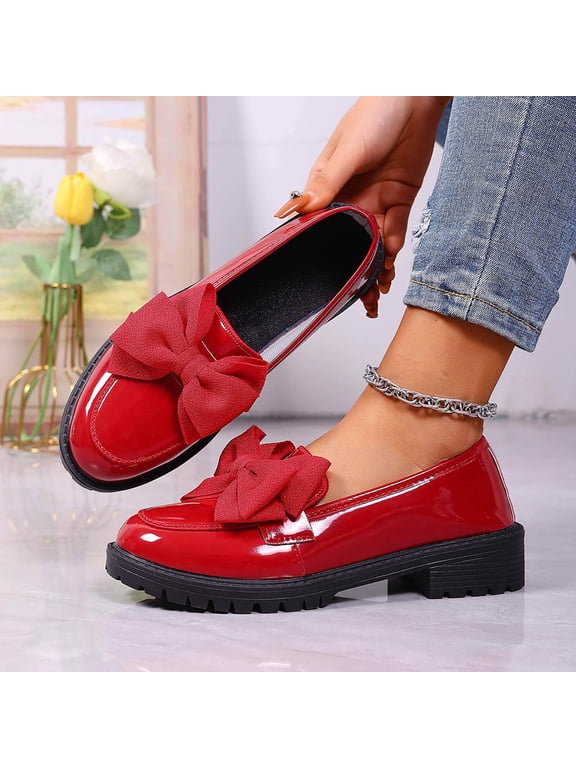 Women Bow Pumps Shoes- Mid Block Heels Patent Leather Round Closed Toe Slip On Penny Loafers Red Size 12