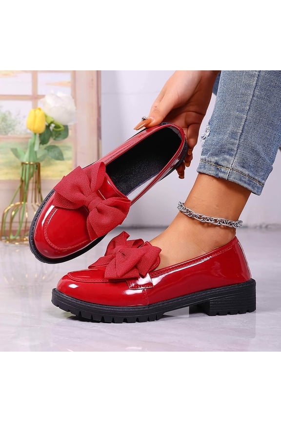Women Bow Pumps Shoes- Mid Block Heels Slip On Patent Leather Round Closed Toe Penny Loafers Red Size 8.5