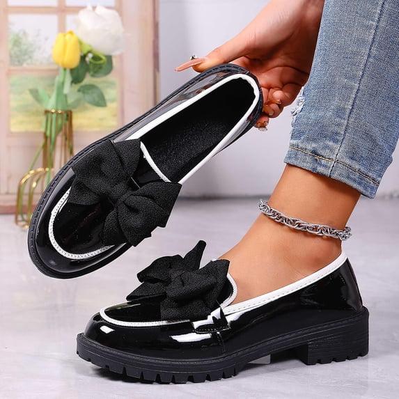 WQNVRNR Women Bow Pumps Shoes- Mid Block Heels Slip On Round Closed Toe Patent Leather Penny Loafers Black Size 9
