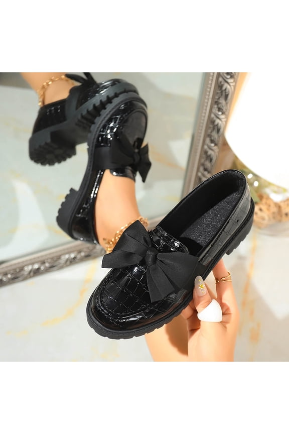 Women Bow Pumps Shoes- Round Closed Toe Mid Block Heels Patent Leather Slip On Penny Loafers Black Size 7.5