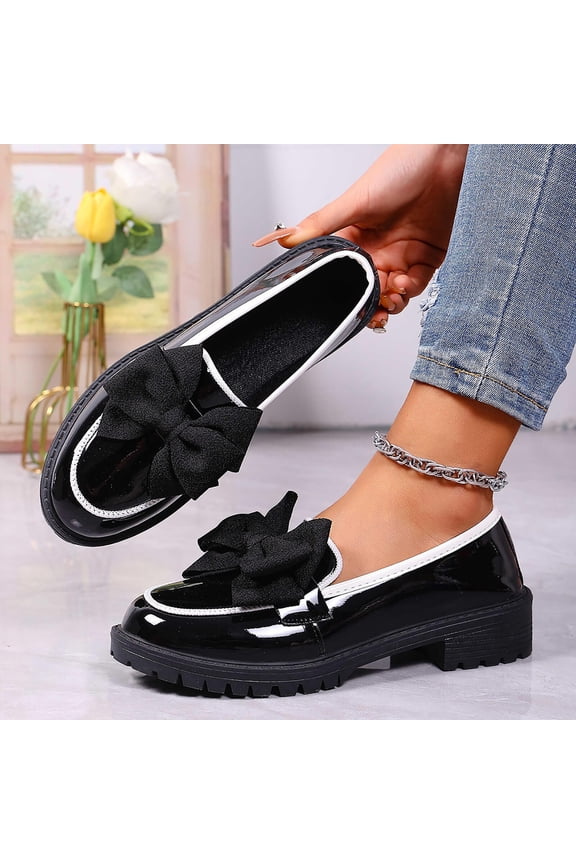 Women Bow Pumps Shoes- Slip On Round Closed Toe Mid Block Heels Patent Leather Penny Loafers Black Size 12
