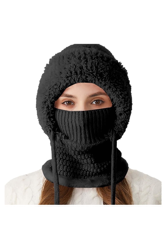 Women's 3-in-1 Winter Balaclava- Hood Face Mask Fleece Lined Adjustable Drawstring Scarf Neck Warmer Adult Balaclava For Outdoor Sports Black Size Free Size
