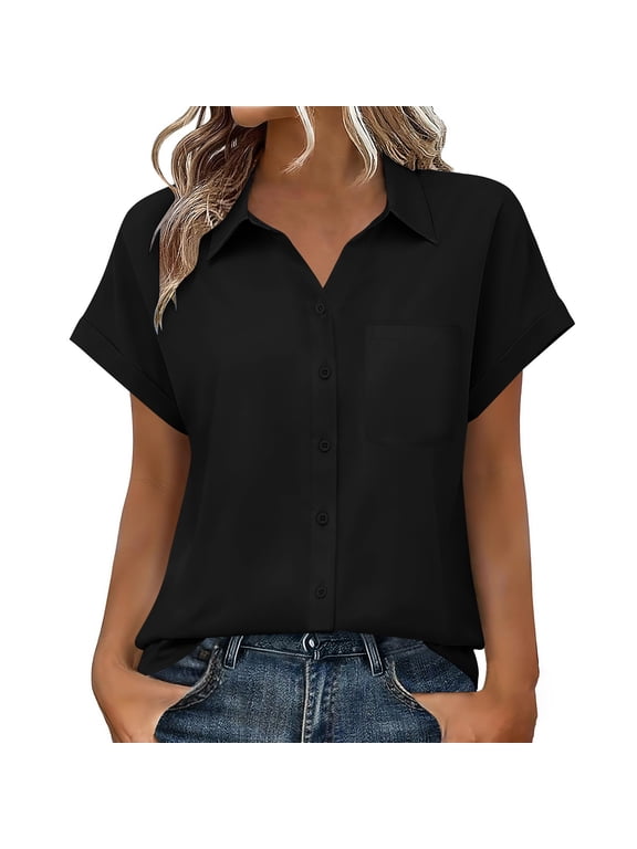 Women's Lapel Blouse- Spring Summer Button V-Neck Office Wear French Shirt Black Size S