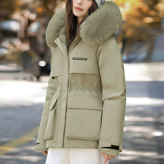 WQNVRNR Women's Long Quilted Winter Jacket- Removable Hood Zipper Up Warm Fashion Thickened Puffer Parka Green Size M