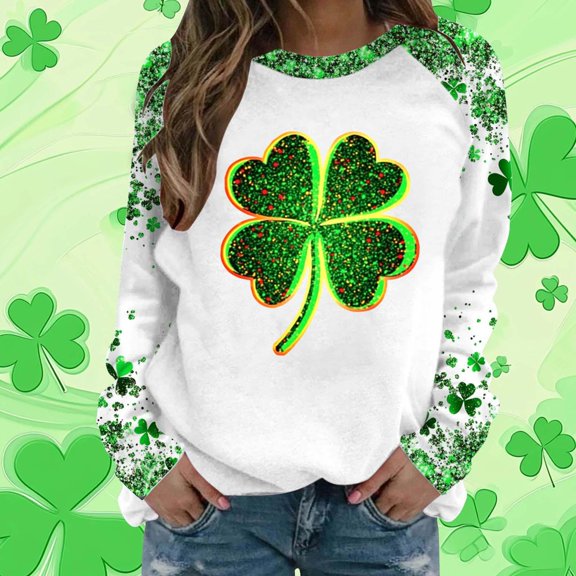 WQNVRNR Women's Print Sweatshirt- Casual Spring Crewneck Pullover Holiday Top with Shamrock Print Green Size L