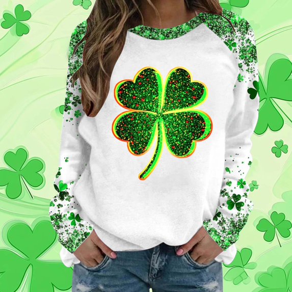 WQNVRNR Women's Print Sweatshirt- Crewneck Spring Casual Pullover Holiday Top with Shamrock Print Green Size 2XL