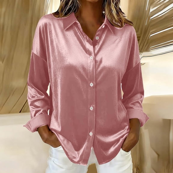 WQNVRNR Women's Satin Shirt- Casual Fashion Button-Down Lapel Long Sleeve Top Pink Size L