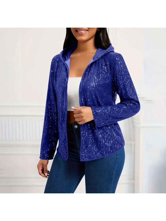 Women's Sequin Hooded Cardigan- Open Front Solid Color Party Casual Long Sleeve Trendy Sparkle Shiny Glitter Party Outwear Blue Size 2XL