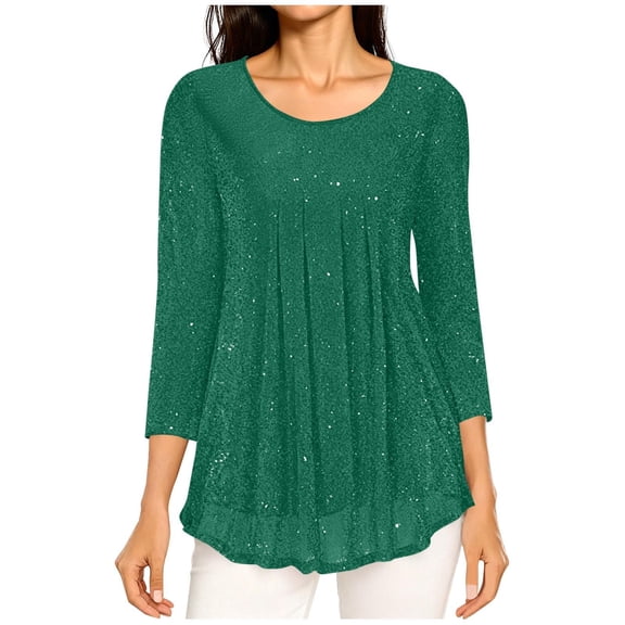 WQNVRNR Women's Sparkle 3/4 Sleeve Tops- Flowy Tunic Dressy Smocked Waist Casual Party Round Neck Blouse for Women Green Size M