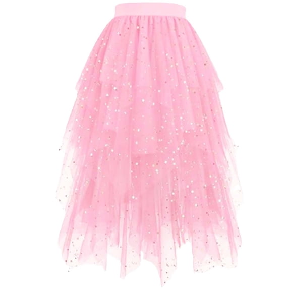 WQNVRNR Women's Tiered Asymmetrical Tulle Skirt- Casual Sequin High Waist Midi Skirt Fairy Princess Skirt Pink Size S