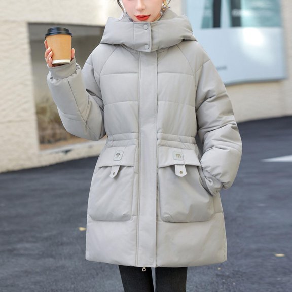 WQNVRNR Women's Winter Coats Long Parka Jackets- Warm Waist Drawstring Fashion Zipper Up Hooded Puffer Coats: Gray Size L