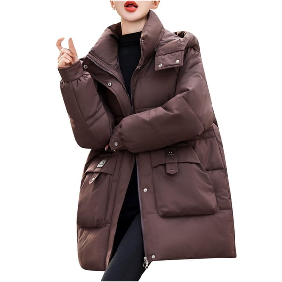 WQNVRNR Women's Winter Coats Long Parka Jackets- Warm Waist Drawstring Zipper Up Fashion Hooded Puffer Coats: Coffee Size 2XL