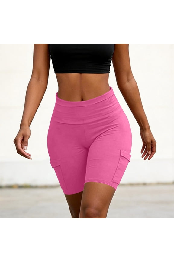Womens Biker Shorts- Running Athletic Elastic Waist Casual Summer Hot Shorts with Pockets Hot Pink Size 2XL