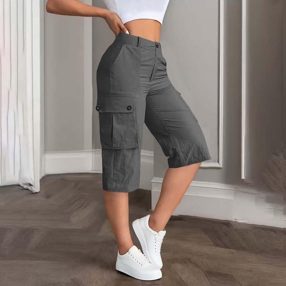 WQNVRNR Womens Cargo Shorts- Pockets Casual Loose Comfy Summer Bermuda Shorts Gray Size M