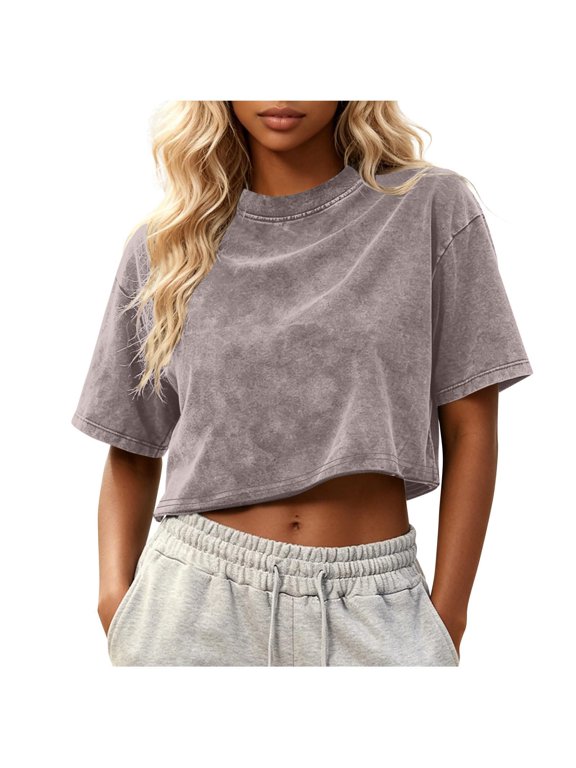 Womens Cropped Sirts- Short Sleeve Casual Crewneck Fashion Summer Tops Gray Size L