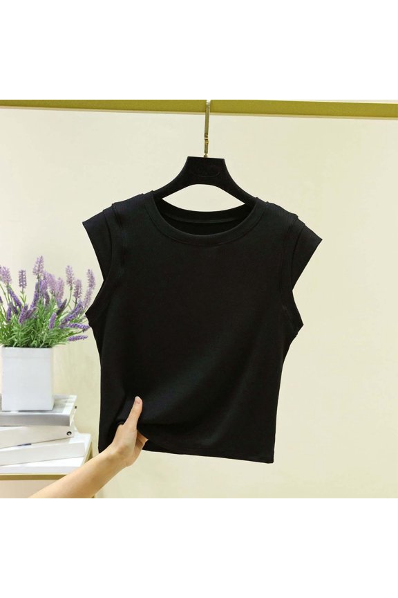 Womens Cropped Tee- Fashion Crewneck Casual Sleeveless Mini Tops Black Size XL
