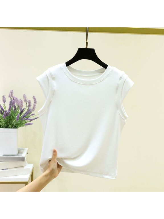 Womens Cropped Tee- Sleeveless Fashion Casual Crewneck Mini Tops White Size XL