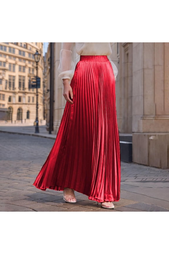 Womens Flowy Skirts- Wedding A-Line Pleated High Waist Maxi Skirts Red Size M