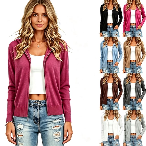 WQNVRNR Womens Hooded Cardigan- Zip Up Long Sleeve Fall Winter Casual Warm Outerwear Hot Pink Size L