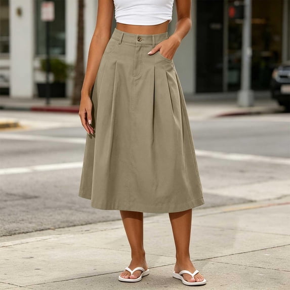 WQNVRNR Womens Max Skirt- Casual Zip Button Pleated Elastic Waist Summer A-Line Long Skirts Khaki Size L