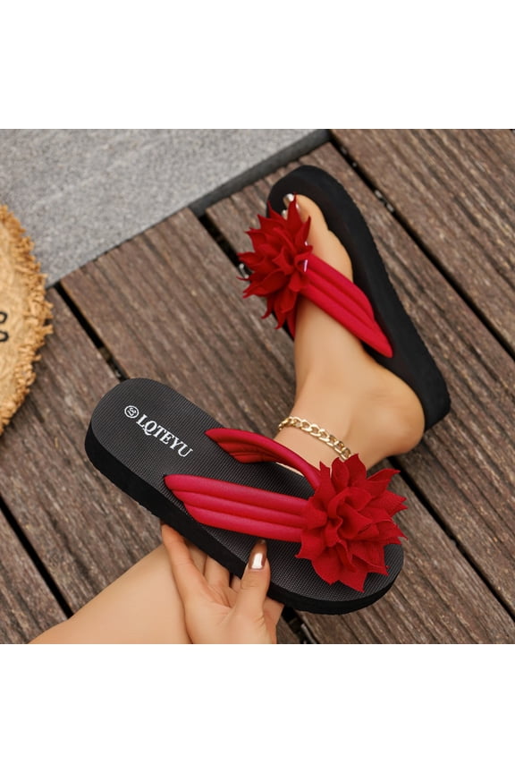 Womens Platform Flip Flops- Casual Thong Floral Design Open Toe Red Size 8