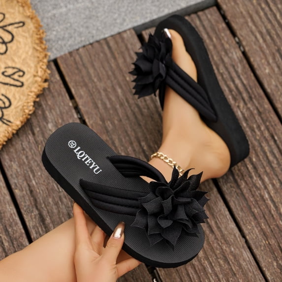 WQNVRNR Womens Platform Flip Flops- Thong Floral Design Open Toe Casual Black Size 6