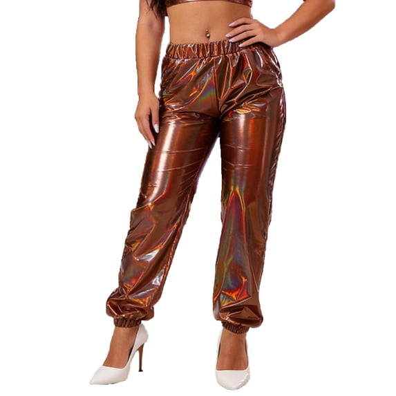 WQNVRNR Womens Tapered Pants- Fashion Shiny Casual Elastic Waist Coffee Size S