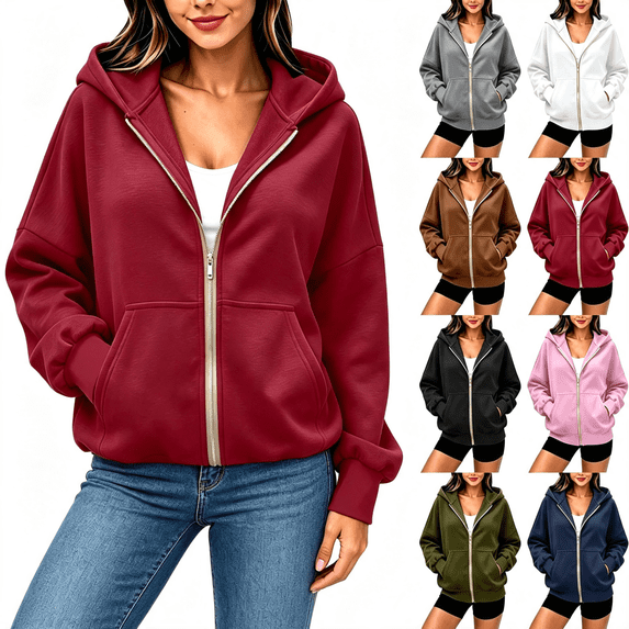 WQNVRNR Womens Zip Up Hoodie Sweatshirt Long Sleeve Fall Oversized Casual Hooded Jacket with Pockets Red 2XL