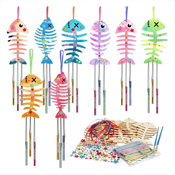 WQNZMADO 12 Pack Wind Chime Kit Spring Craft for Kids Wooden Arts and Crafts for Girls Boys Make Your Own Fish Wind Chime