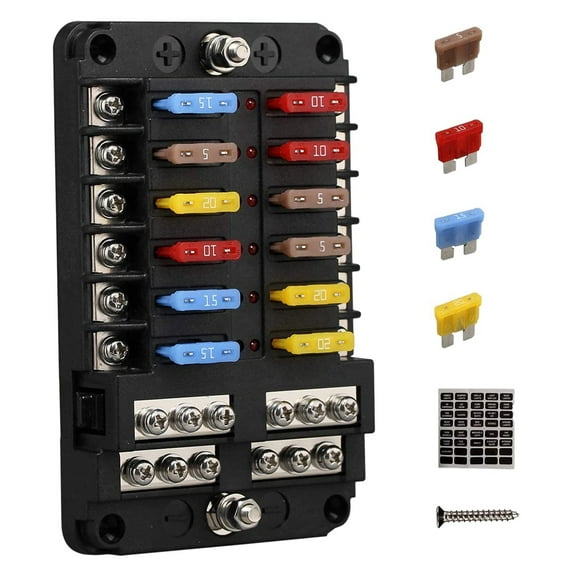 WQNZMADO 12V 12 Way Marine Fuse Block Fuse Panel with Ground & 12 Volt Fuse Box for Car Automotive Boat RV RZR