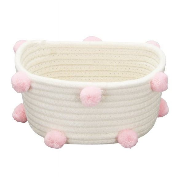 WQNZMADO Cotton Woven Storage Basket Cute Pompom Decor Sundries Finishing Box Nordic Cosmetic Toys Organizer Frame Pink S