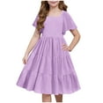 thumbnail image 1 of WQQZJJ Girl's Sundresses Solid Color Square Neck Dress Bubble Sleeve A-Line Dress Pleated Waist Knee-Length Dress 3-14 Years, 1 of 8