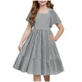 thumbnail image 1 of WQQZJJ Girl's Sundresses Solid Color Square Neck Dress Bubble Sleeve A-Line Dress Pleated Waist Knee-Length Dress 3-14 Years, 1 of 8