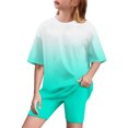 thumbnail image 1 of WQQZJJ Girls Casual Outfits, Summer Gradient Color Athletic Stretch Sets, Crew Neck Short Sleeve Loose Top + Slim Shorts Yoga Fitness Suit, 1 of 7