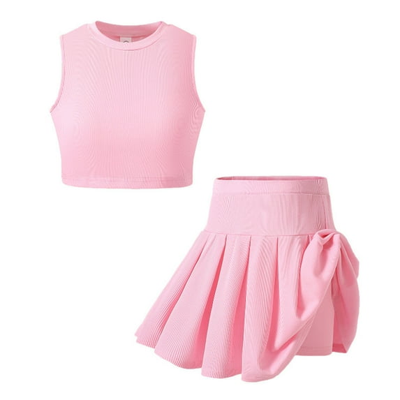 WQQZJJ Girls Short Skirt Set, Solid Color Crew Neck Tank Top + High Waist Pleated Short Skirt Set, Summer Girls Fashionable and Cute 2-Piece Set
