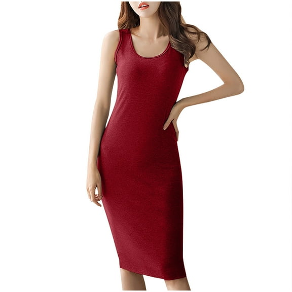 WQQZJJ Ladies Casual Round Neck Dress Solid Color Slim Comfortable Dress Tank Mid-Length Bottom Dresses