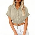thumbnail image 1 of WQQZJJ Ladies Fashion Shirt, Solid Color Button Down Lapel Short Sleeve Tops, Summer Casual Waist Tie Short Blouse, 1 of 6