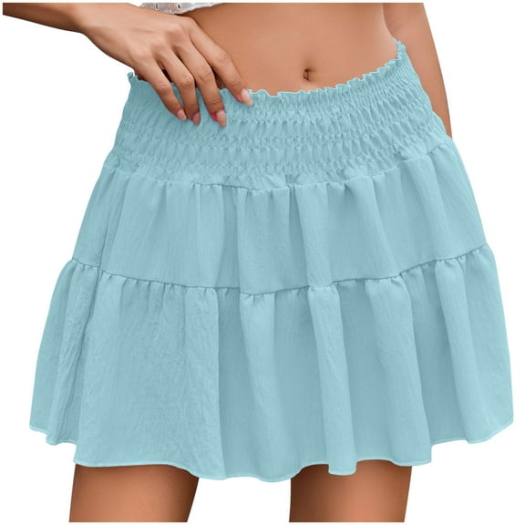 WQQZJJ Ladies Fashion Short Skirt, Solid Color Elastic Waist Pleated Skirts, Summer High Waist Casual Mini Skirt