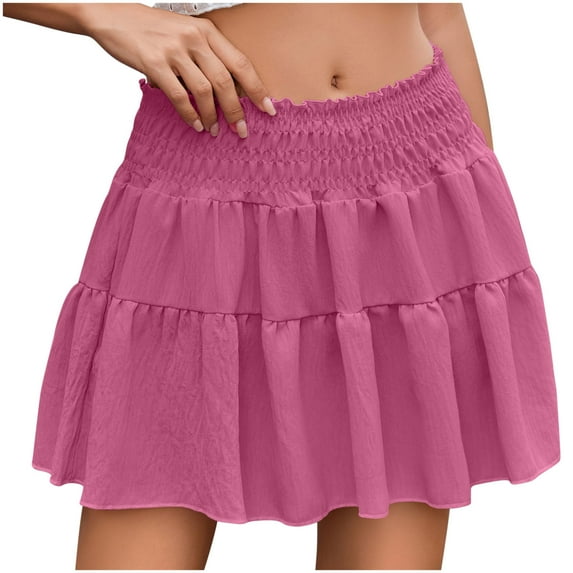 WQQZJJ Ladies Fashion Short Skirt, Solid Color Elastic Waist Pleated Skirts, Summer High Waist Casual Mini Skirt