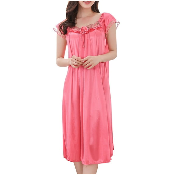 WQQZJJ Ladies Summer Nightdress Lace Sweetheart Neck Sexy Pajama Dresses Solid Color Satin Comfortable Homewear Nightgowns