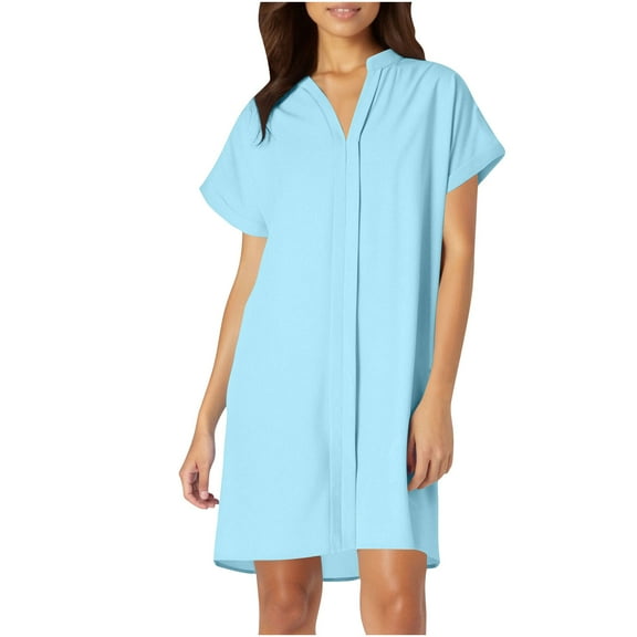 WQQZJJ Ladies V-Neck Short Sleeve Dress, Solid Color Casual Shirt Dress, Summer Loose Sexy Mini Dresses Women Fashion Clothing