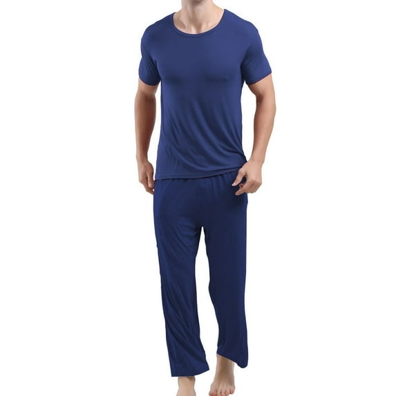 WQQZJJ Large Size Men's Pajamas Set, Summer Casual Solid Color Short Sleeve Top Elastic Waist Pants Two Piece, Modal Cotton Comfortable Homewear