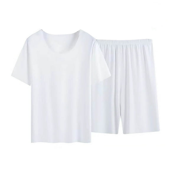 WQQZJJ Men's Sleepwear Set, Casual Solid Color Crew Neck Short Sleeve Top   Elastic Waist Bermuda Shorts Two Piece Set, Summer Large Size Sleepwear