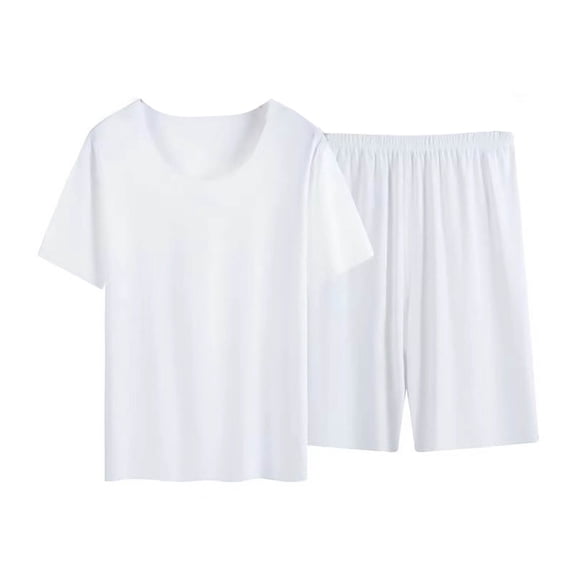 WQQZJJ Men's Sleepwear Set, Casual Solid Color Crew Neck Short Sleeve Top + Elastic Waist Bermuda Shorts Two Piece Set, Summer Large Size Sleepwear