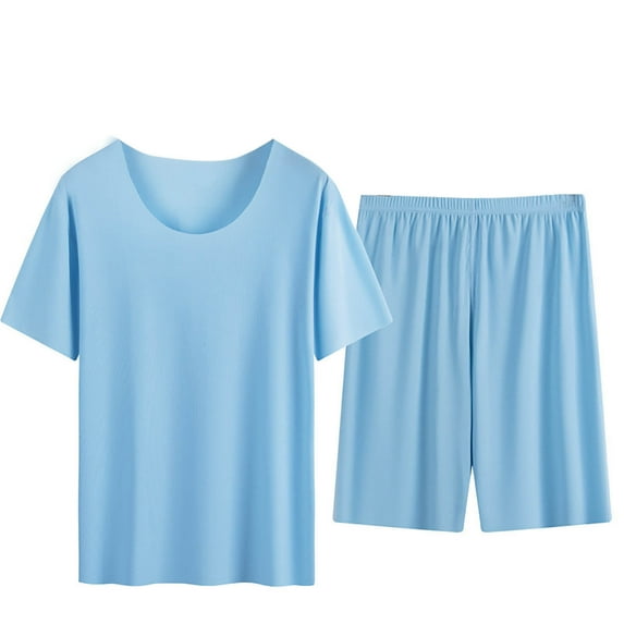 WQQZJJ Men's Sleepwear Set, Casual Solid Color Crew Neck Short Sleeve Top + Elastic Waist Bermuda Shorts Two Piece Set, Summer Large Size Sleepwear