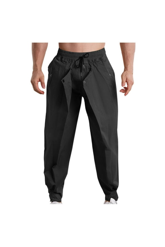 Mens Cargo Pants Drawstring Relaxed Fit Pants Stretch Elastic Waist Work Outdoor Casual Pants with Pockets Black-S