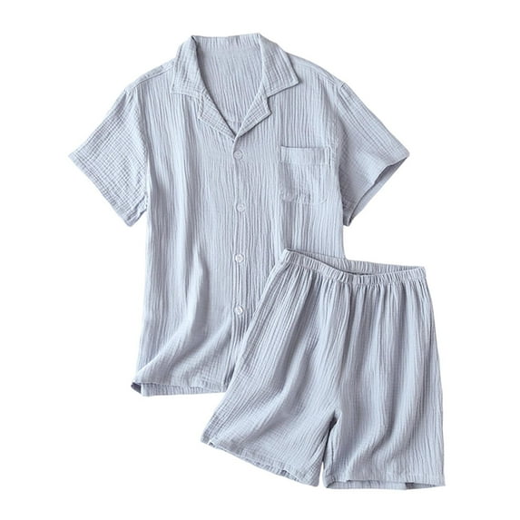 WQQZJJ Pajama Set for Men, Cotton Striped Lapel Pocket Short Sleeve Top + Elastic Waist Shorts Two Piece Summer Sleepwear Homewear Set